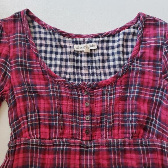 Y2K Aeropostale Shirt Babydoll Womens XS Red Plaid Henley Tunic Long Sleeve - Picture 2 of 8